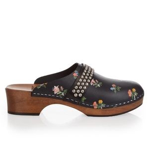 Saint Laurent leather wood floral studded platform slip on mule clogs 36